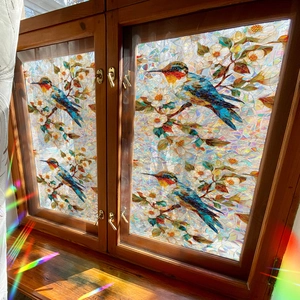 Rainbow hummingbirds and floral geometric static window film on wooden frames