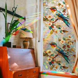 Rainbow laser hummingbird and floral static window film for home glass decoration