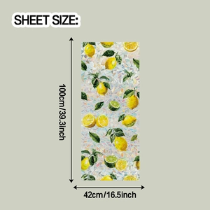 Detail showing 100x42cm static window film with colorful lemon mosaic glass patterns