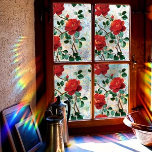 Vibrant rose window film with colorful laser mosaic pattern and static cling effect