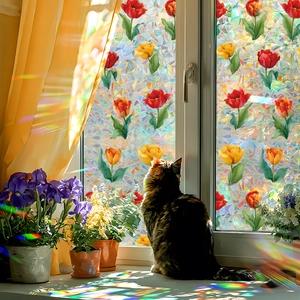 Rainbow laser tulip glass window film with static cling for home decoration and privacy