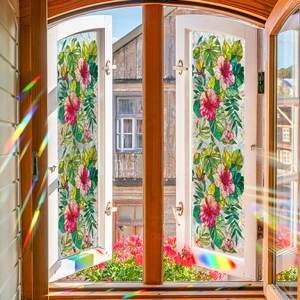 Floral watercolor window privacy film with hibiscus flowers and tropical green leaves