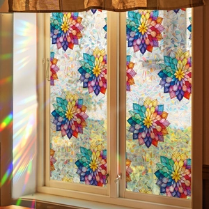 Rainbow Lotus Mandala Window Privacy Film Static Cling Heat Control Decorative Glass Sticker Laser Prism Effect Non Adhesive