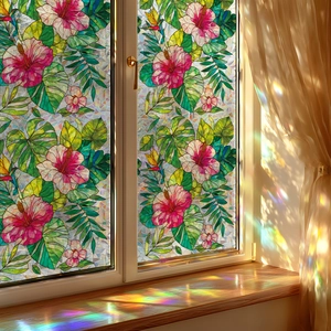 Waterproof tropical flower static window film with colorful hibiscus and leaf patterns