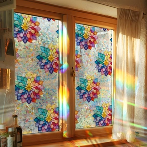 Rainbow lotus glass window film with 3D laser effect for home privacy and decoration