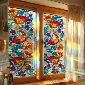 Stained glass window film with sea turtle and floral design creating iridescent light