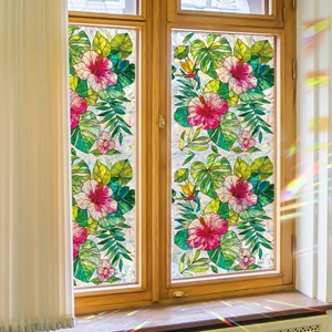 Static Cling Window Privacy Film Tropical Floral Monstera Leaf Frosted Rainbow Prism Glass Sticker No Glue Home Decor