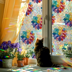 Rainbow lotus glass window film with colorful mandala design and static cling privacy