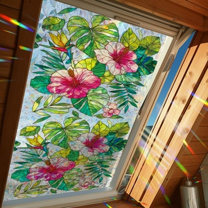 Stained glass floral window privacy film with watercolor flowers and tropical leaves