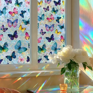 Rainbow butterfly window film with frosted texture and colorful sunlight refraction effect