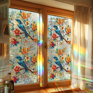 Vintage floral blue bird window film with laser rainbow effect for home privacy decoration