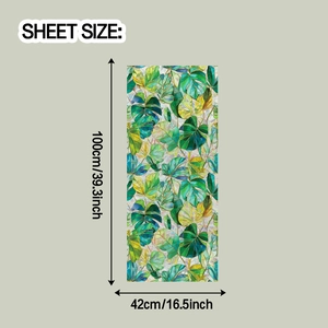 Detailed sheet size of tropical monstera leaf window film measuring 100cm by 42cm