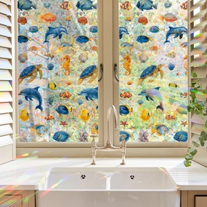 Film de Fenêtre Animaux Marins Laser Arc-en-Ciel Adhérence Statique Autocollant de Vitre Intimité pour Salle de Bain Cuisine Déco Imperméable PVC