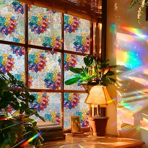 Rainbow lotus glass window film creates colorful mandala patterns under direct sunlight