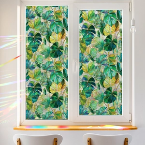 Rainbow laser tropical monstera leaf window film for privacy and home glass decoration