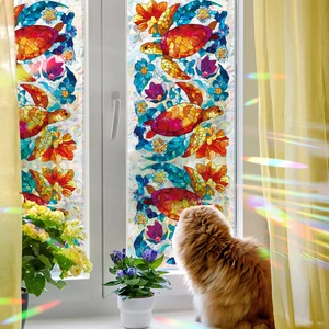 Colorful sea turtle and floral stained glass window film for privacy decor