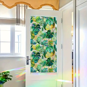 Tropical monstera leaf static cling window film with colorful laser effect for home privacy