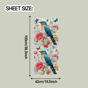 Détail montrant les dimensions 100cm x 42cm des stickers vitraux statiques fleurs et oiseaux