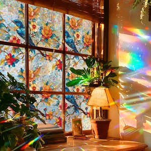 Frosted window film with vintage blue bird and floral pattern for privacy and home decor