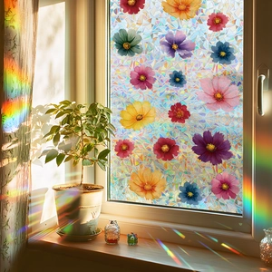 Pellicola per Finestre Arcobaleno Laser Colorato Floreale Adesivo Vetro per Protezione Privacy Adesione Statica Pellicola Decorativa Fiore di Cosmo per Casa Bagno Soggiorno