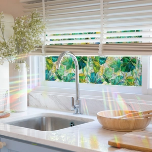 Rainbow laser tropical monstera leaf glass film with static cling for home privacy