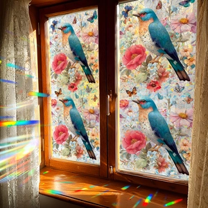 Film statique pour fenêtre oiseau et fleurs avec effet de lumière arc-en-ciel laser