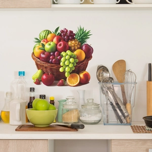 Colorful fruit basket wall sticker with realistic apple and pineapple for kitchen decor