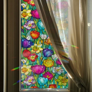 Rainbow stained glass window film with colorful flower patterns for home privacy