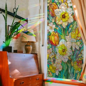 Rainbow laser stained glass window film with floral patterns for home privacy and decor