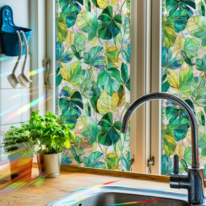 Iridescent Tropical Leaf Static Cling Window Privacy Film Monstera Pattern PVC Decorative Glass Sticker For Home Office