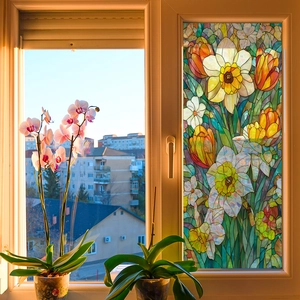 Laser stained glass floral window film with blooming narcissus for home privacy and decor