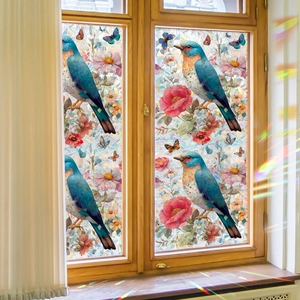 Film de fenêtre décoratif oiseau et fleurs effet vitrail avec adhérence statique