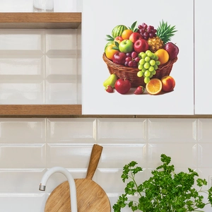 Realistic 3D fruit basket wall sticker with grapes and pineapple for kitchen decor