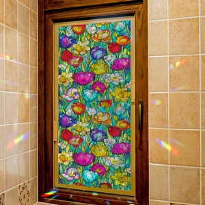 Rainbow tulip glass window film with colorful 3D laser effect for home privacy decoration