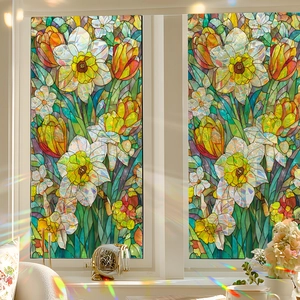 Stained glass floral window privacy film with colorful refractive sunlight effect