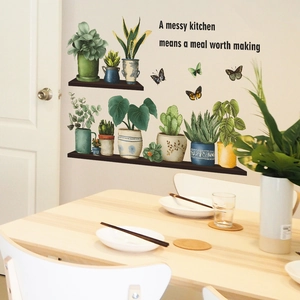 Potted plants wall stickers with kitchen quotes and colorful butterfly decor