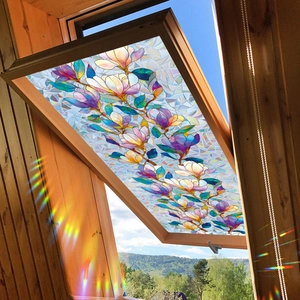 Rainbow laser floral stained glass window film with colorful magnolia flowers