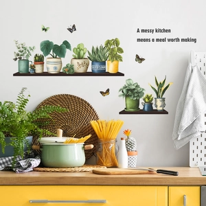 Kitchen wall stickers featuring watercolor potted plants and motivational quotes for home decor