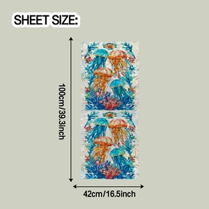 Detailed sheet size guide for colorful jellyfish coral bathroom window glass decals