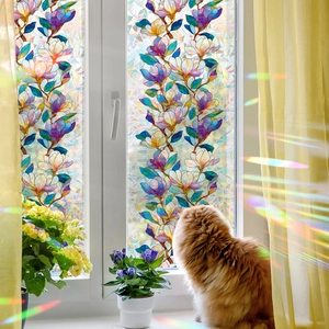 Laser vintage floral glass window film with magnolia patterns and static cling effect