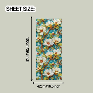 Macro detail of laser stained glass window film with floral magnolia pattern 100x42cm