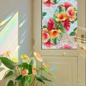 Rainbow hibiscus flower glass window film with 3D laser effect for home privacy decoration