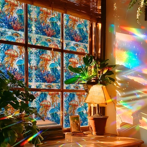 Rainbow jellyfish and coral reef window film showing colorful light refraction effects