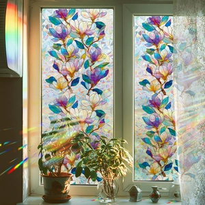 Rainbow Stained Glass Window Film Static Cling Privacy Film Floral Magnolia Decorative Vinyl Decal For Home Bathroom Window
