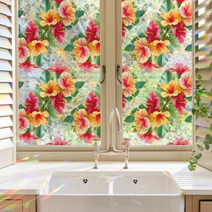 Laser tropical floral hibiscus window film with static cling for kitchen glass privacy