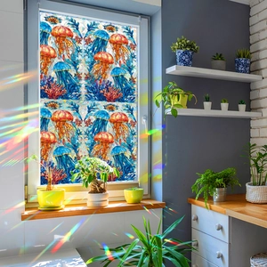 Rainbow Window Film Static Cling Privacy Glass Sticker Dreamy Jellyfish Coral Pattern Prism Laser Effect Decal For Home Bathroom Decor