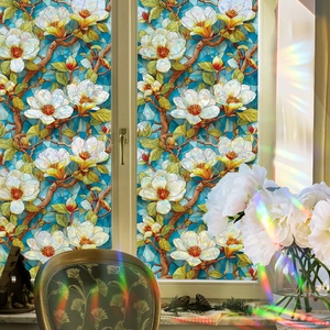 Magnolia Laser Prism Static Cling Window Film Stained Glass Effect Privacy Decorative Sticker For Home Glass Door Decor
