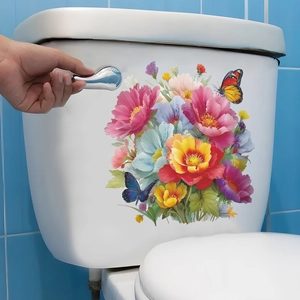 Stickers de toilette floraux avec pivoines et papillons sur céramique blanche