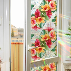 Tropical hibiscus flowers and green leaves laser window film for home decoration