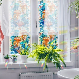 3D rainbow jellyfish window film with coral patterns for privacy and prism light effects